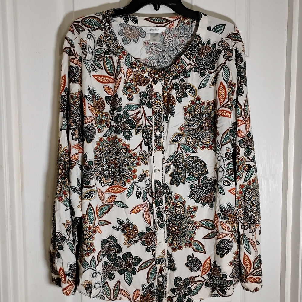 Floral Button Up Long Sleeve Career Blouse CJ Banks